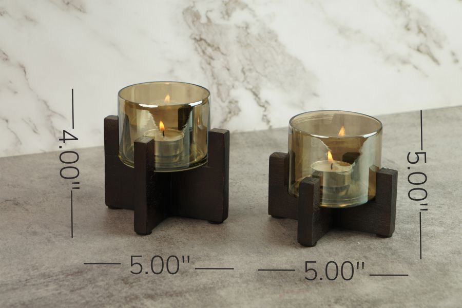 Set of 2 Wooden T-Light Hurricane