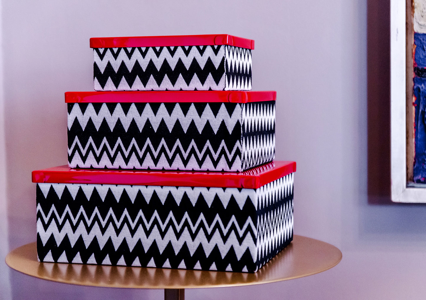 Metal Lid Storage Boxes - Set Of 3 (Chevron)