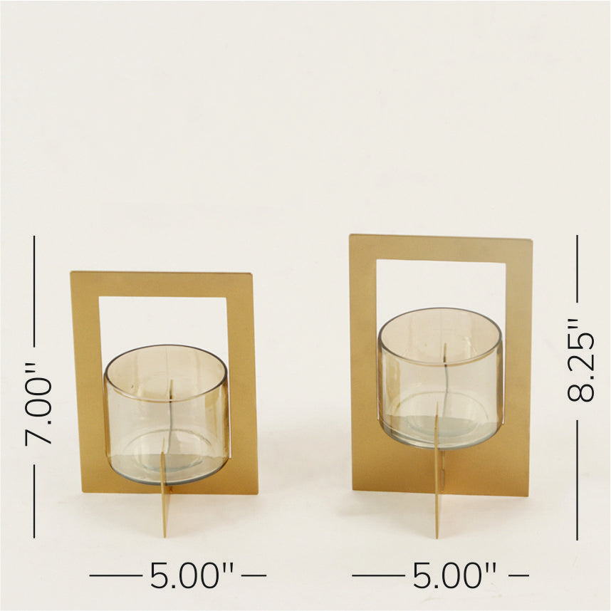 Set of 2 Tea-Light Hurricane with Handle (Gold)