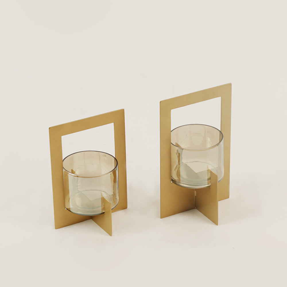 Set of 2 Tea-Light Hurricane with Handle (Gold)