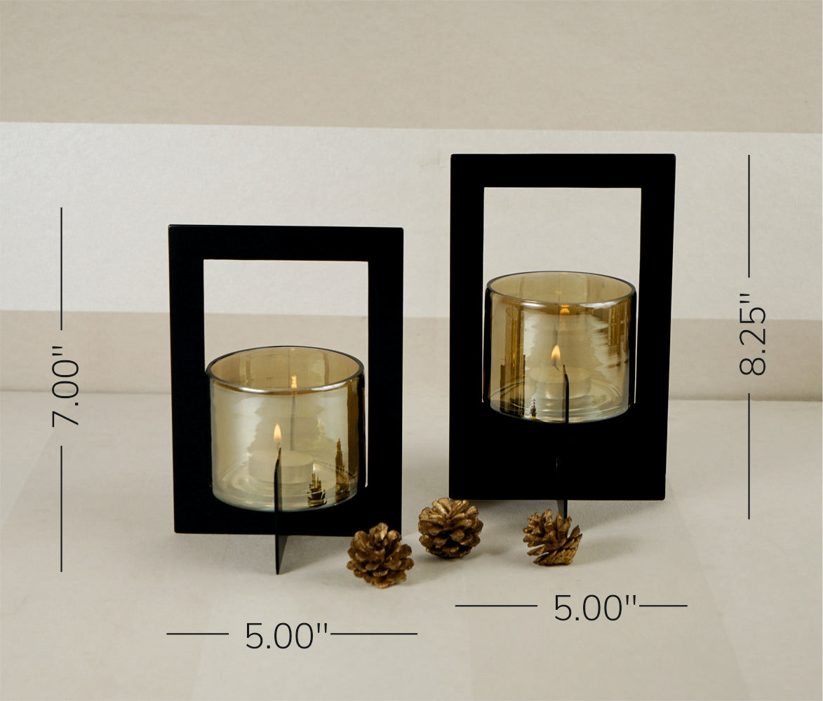 Set of 2 Tea-Light Hurricane with Handle(Black)