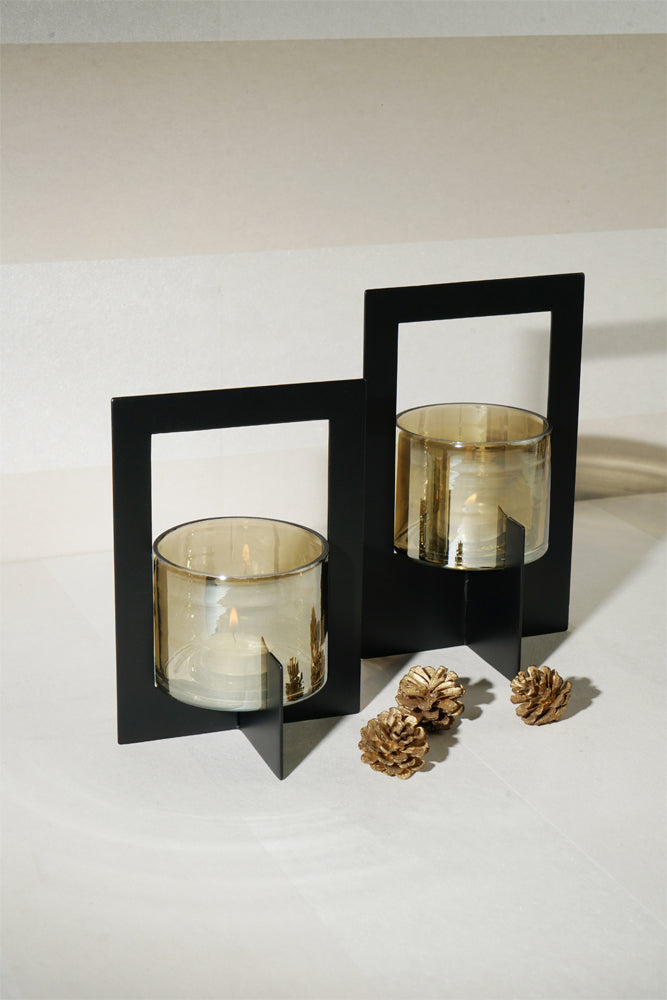 Set of 2 Tea-Light Hurricane with Handle(Black)