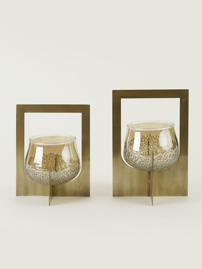 Set of 2 Lumeire Tea Light Holder with Handle - Brass Antique