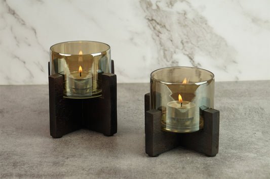 Wooden Tea Light Hurricane - Set of 2