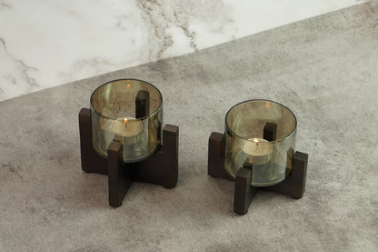 Set of 2 Wooden T-Light Hurricane