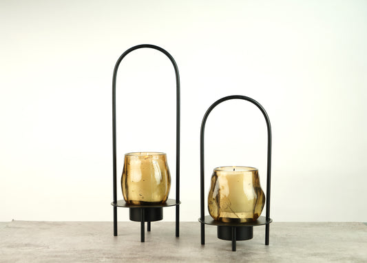 Amber Glass Lantern - Black - Large
