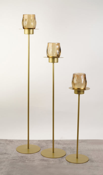 Amber Glass Tall Pillar Holder - Gold - Medium