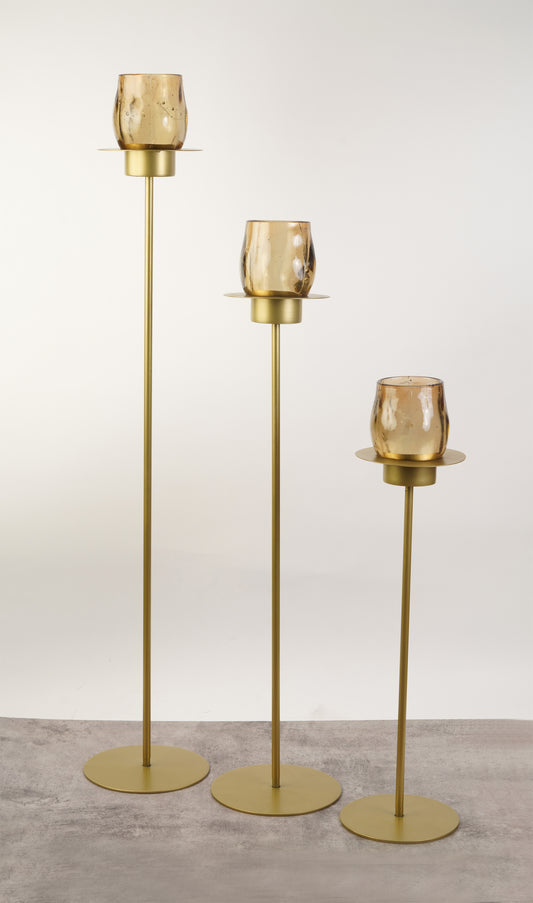 Amber Glass Tall Pillar Holder - Gold - Large