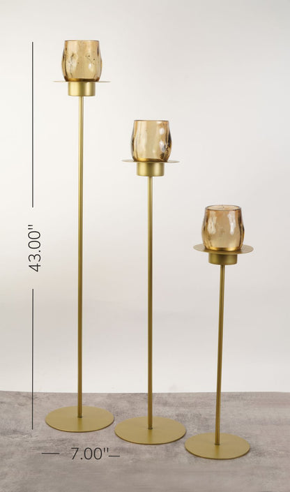 Amber Glass Tall Pillar Holder - Gold - Large