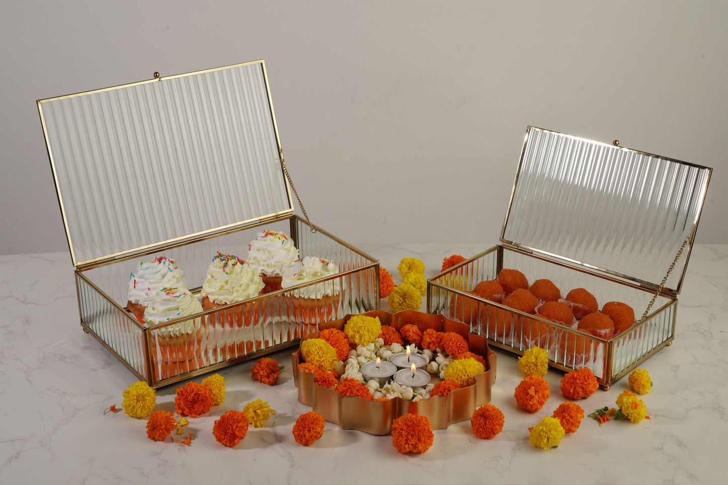 Fluted Glass Box - Gold