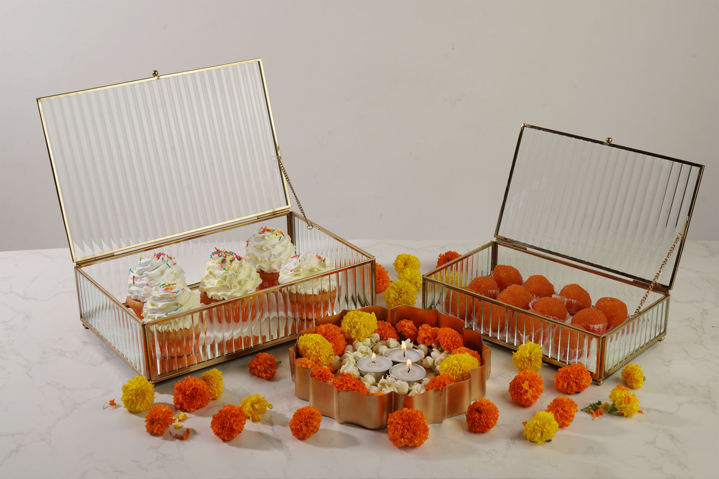Fluted Glass Box - Gold