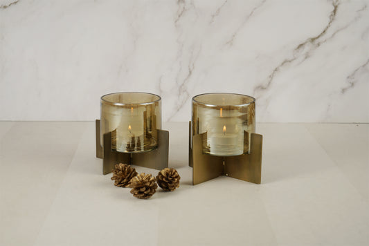 Set of 2 Tea-Light Hurricane (Gold)
