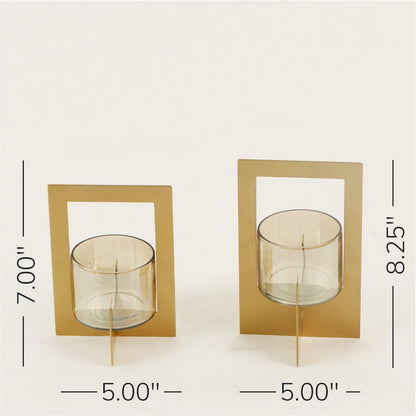 Set of 2 Tea-Light Hurricane with Handle (Gold)